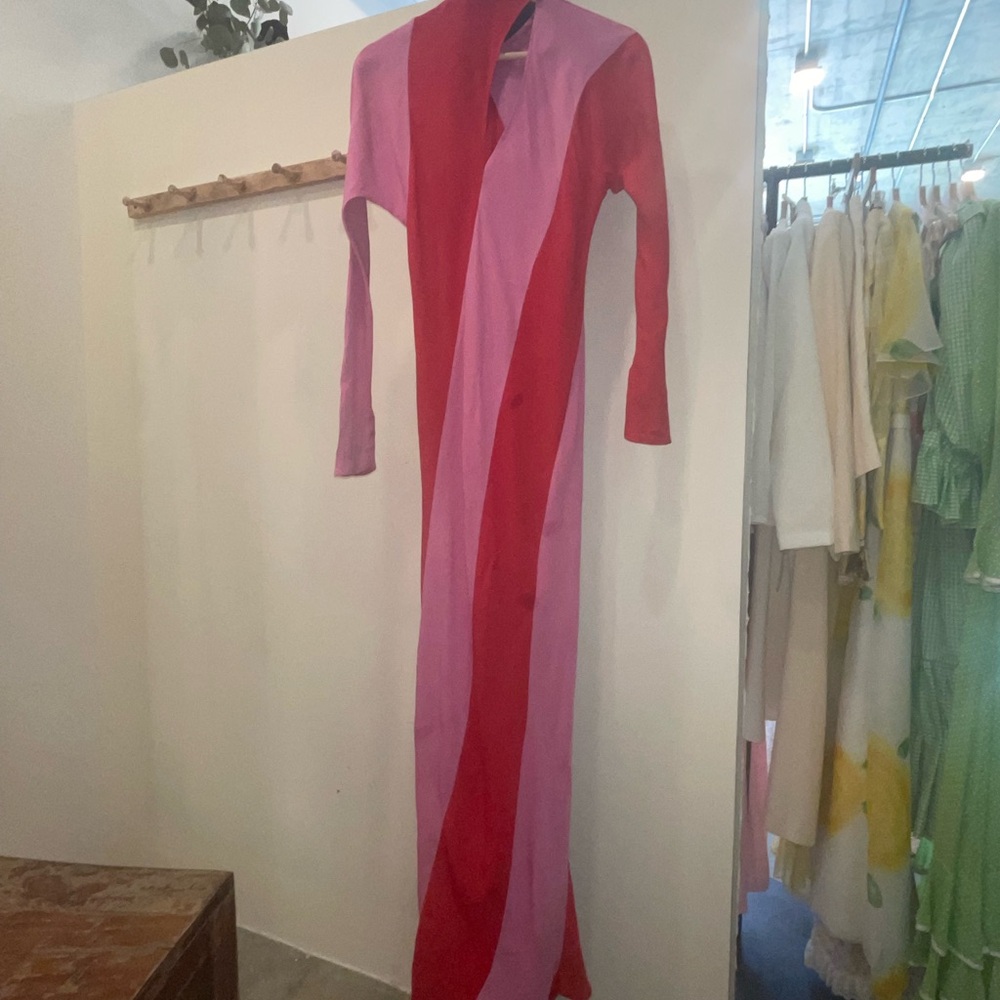 The Attico Pink Red Striped Long Sleeve Dress. As seen on Kris Jenner.